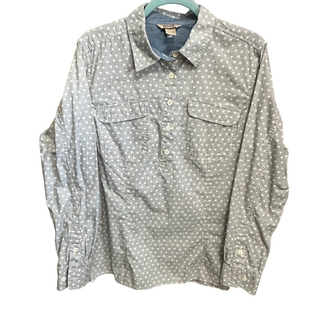 Duluth Trading Co women's size L dusty blue polka dot princess seams button top